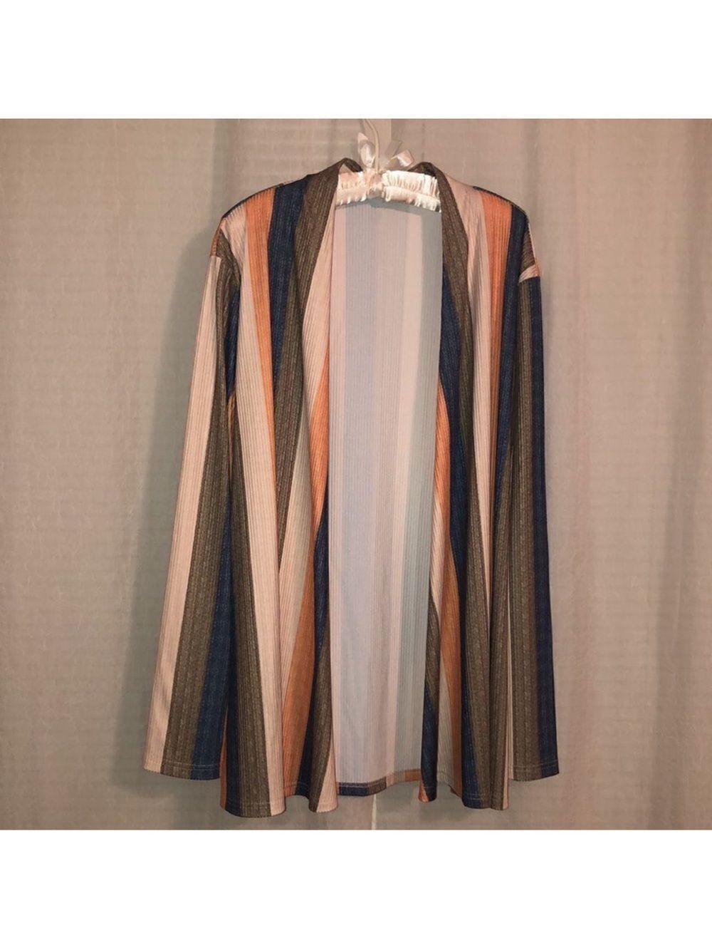 XL Colored Vertical Striped Ribbed Waterfall Open Long Sleeve Cardigan Duster